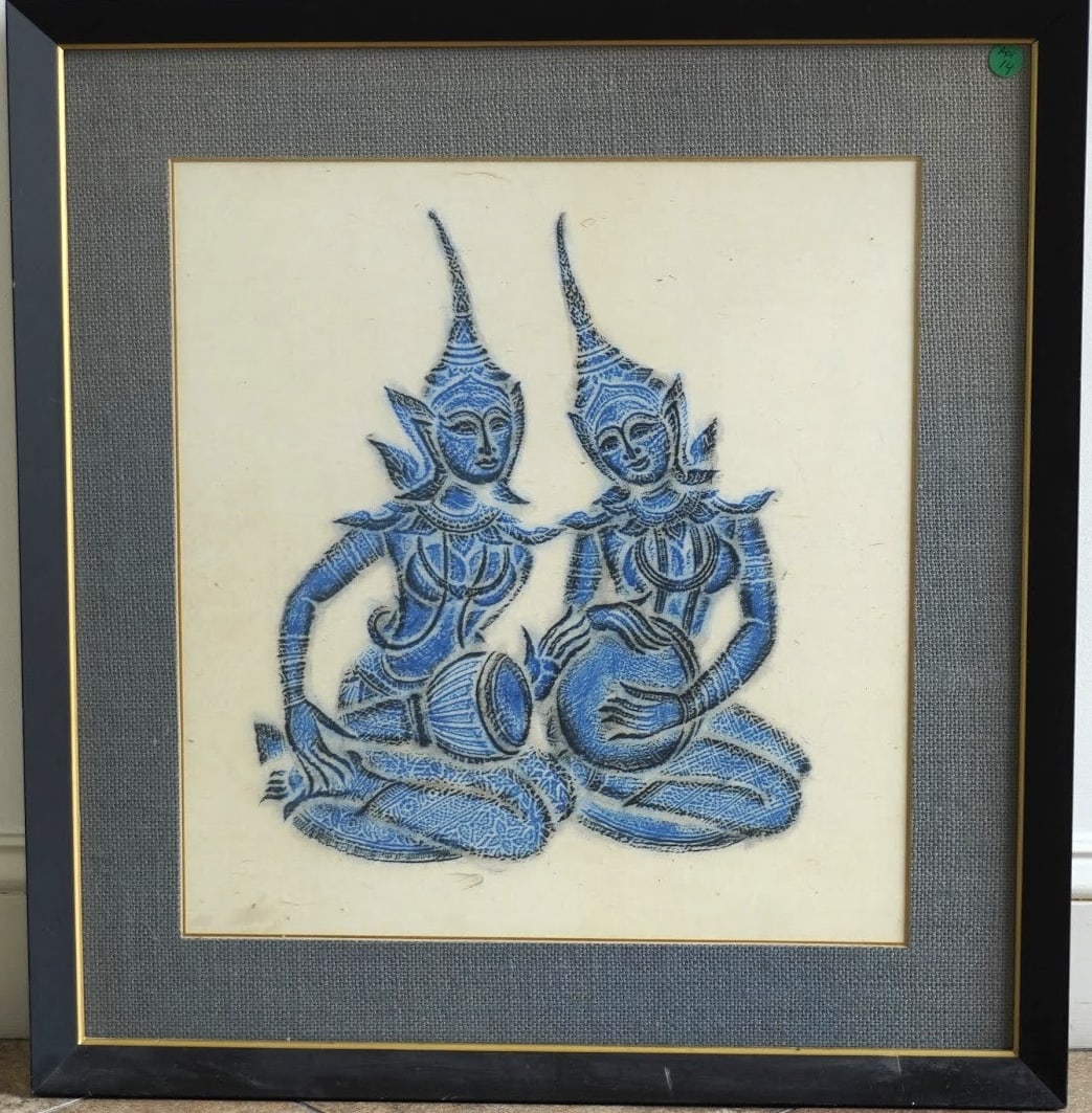 MID CENTURY BLUE THAI TEMPLE RUBBING: Mid Century Blue Thai Temple Rubbing on Rice Paper. Professionally framed and matted. In frame 24 1/2"x25"x1 1/4" Weight 8 lbs 5 oz **In house shipping available on this lot** If you win this lot,