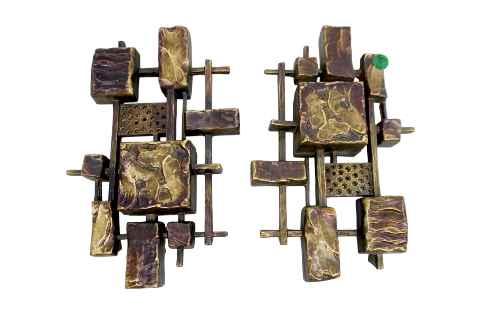 PAIR MCM BRUTALIST SYROCO WALL DECOR: Matched Pair of Vintage MCM Brutalist Syroco Wall Decor. Each 12"x7"x2 1/2". Weight 2 lbs. PROVENANCE:The Historic 1798 John Burckmeyer House, 120 Wentworth Street, Charleston SC **In house shipping