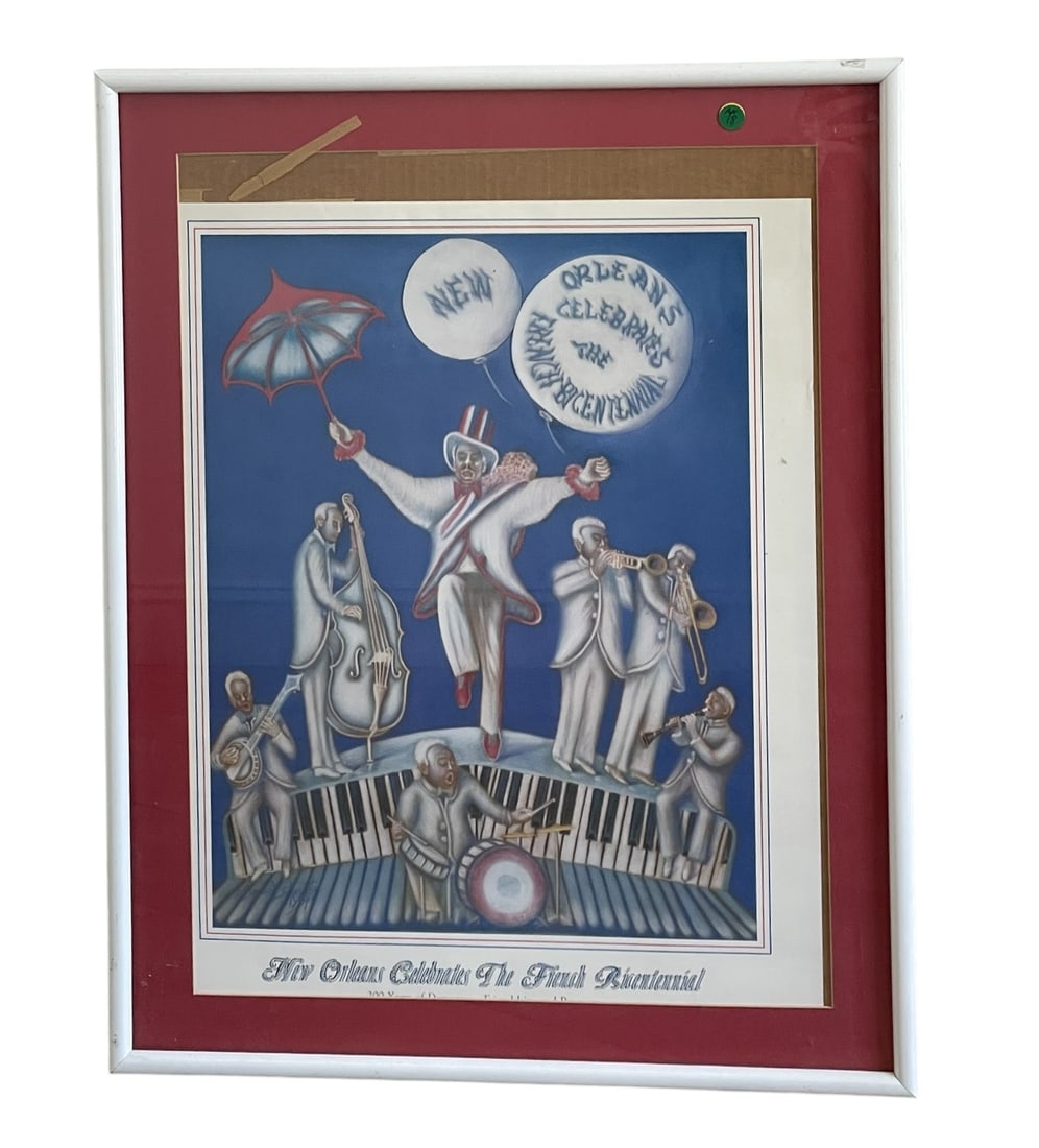 FRAMED NEW ORLEANS FRENCH BICENTENNIAL POSTER: Framed Vintage Poster "New Orleans Celebrates French Bicentennial 1789-1989" by artist Samuel Schwartz is a large, original poster featuring a jazz-themed design celebrating the French bicentennial. T