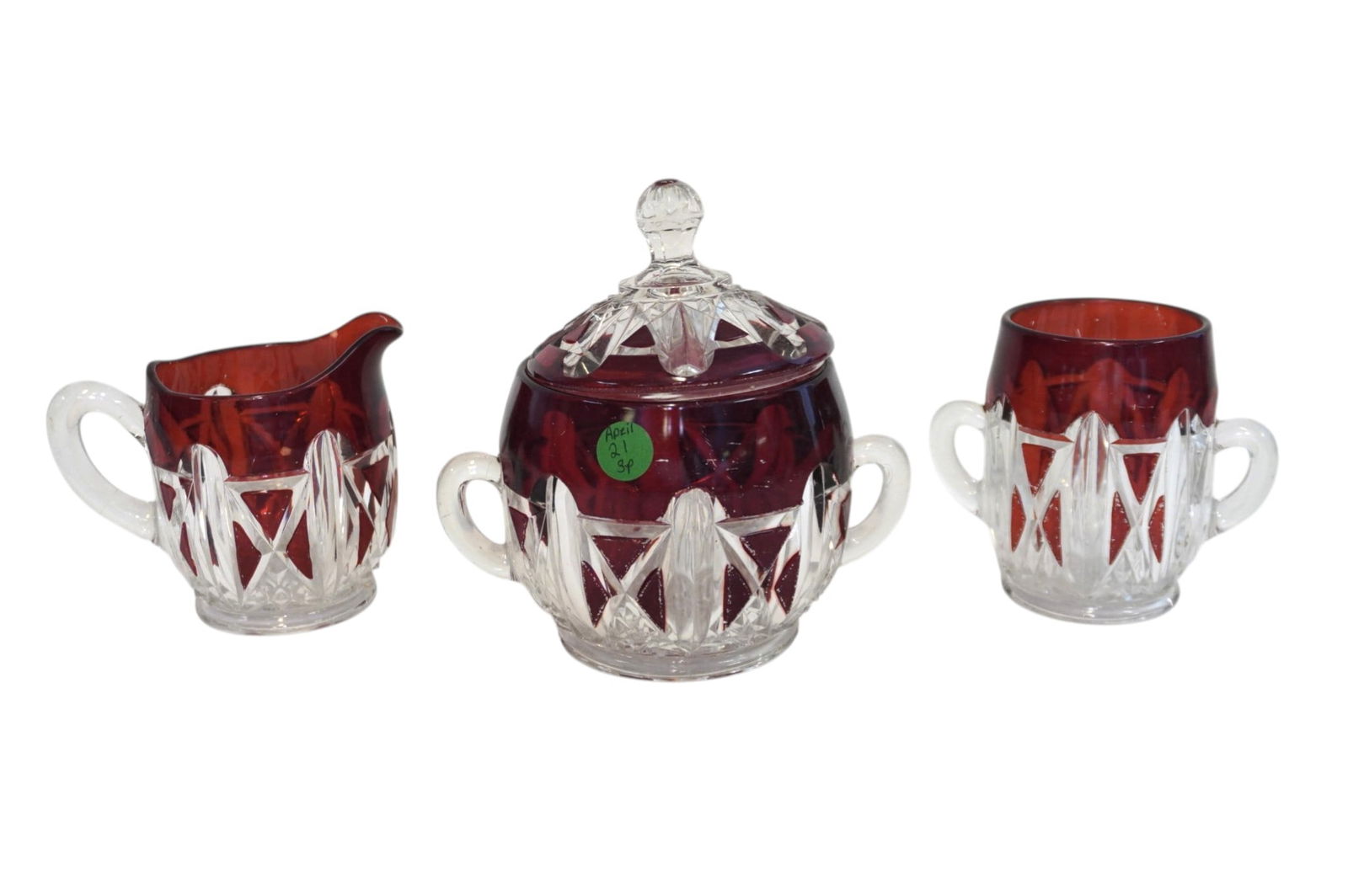 3 PC DOYLE & CO c 1892 EAPG TRIPLE TRIANGLE RUBY GLASS