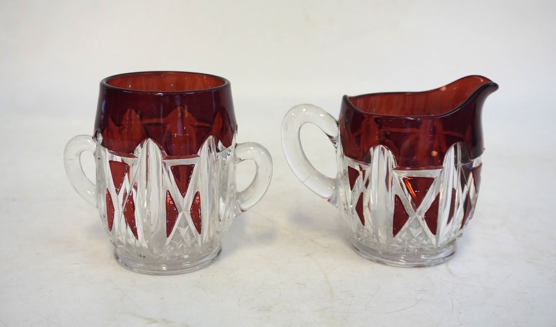 3 PC DOYLE & CO c 1892 EAPG TRIPLE TRIANGLE RUBY GLASS - 4