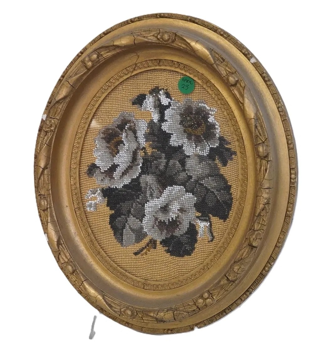 ANTIQUE VICTORIAN BEADWORK FLORAL PANEL