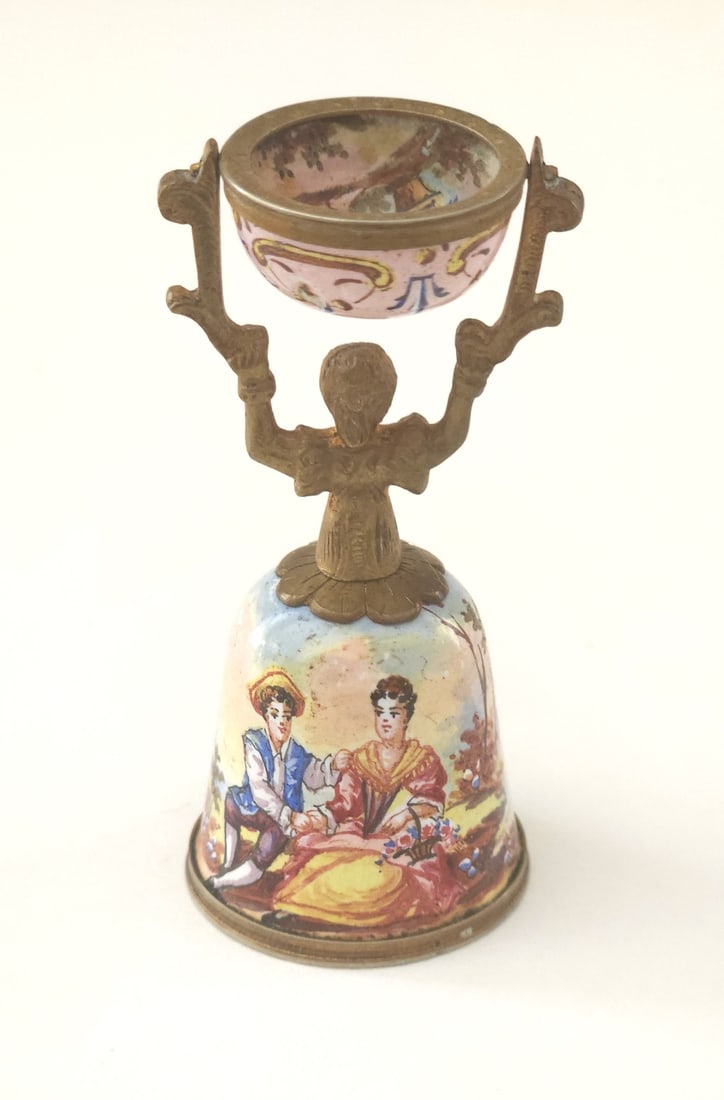 19th C VIENNESE MINIATURE ENAMEL WAGER CUP: 19th century miniature enameled wager cup. Originating in the 16th century in Germany, the Wager cup (also known as the Wedding cup) is a double cup in the form of a female figure dressed in a
