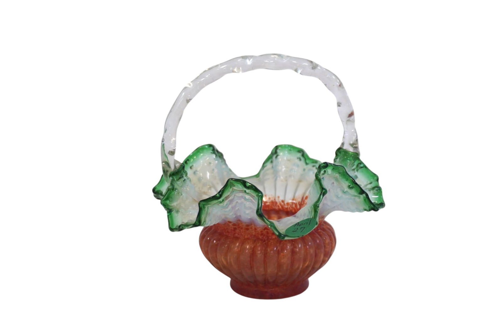 MCM ITALIAN HAND BLOWN ART GLASS BASKET: Vintage Mid Century Italian Murano Hand Blown Art Glass Basket. Brilliant colors, Measures 6 1/4"x6 1/4"x7". Weight 14 oz. PROVENANCE:The Historic 1798 John Burckmeyer House, 120 Wentworth Street,