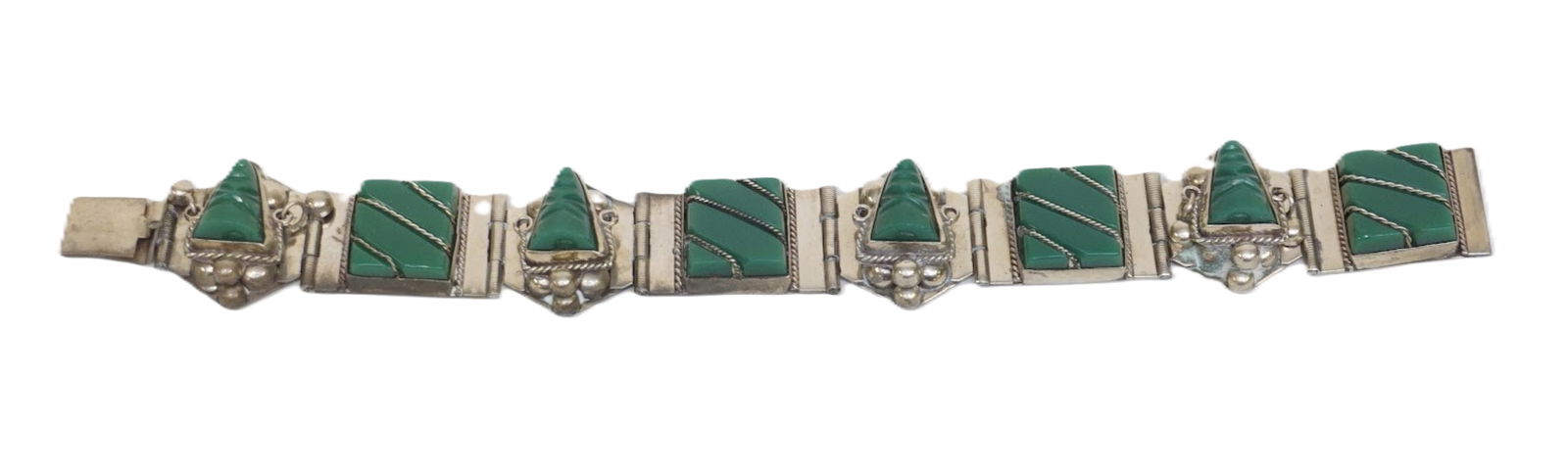 1940s TAXCO STERLING & GREEN ONYX BRACELET: Vintage Taxco Sterling Silver and Green Onyx Panel Bracelet. Measures 7 3/4" opened. Weight 36 grams approximately. **In house shipping available on this lot** If you win this lot, please select self