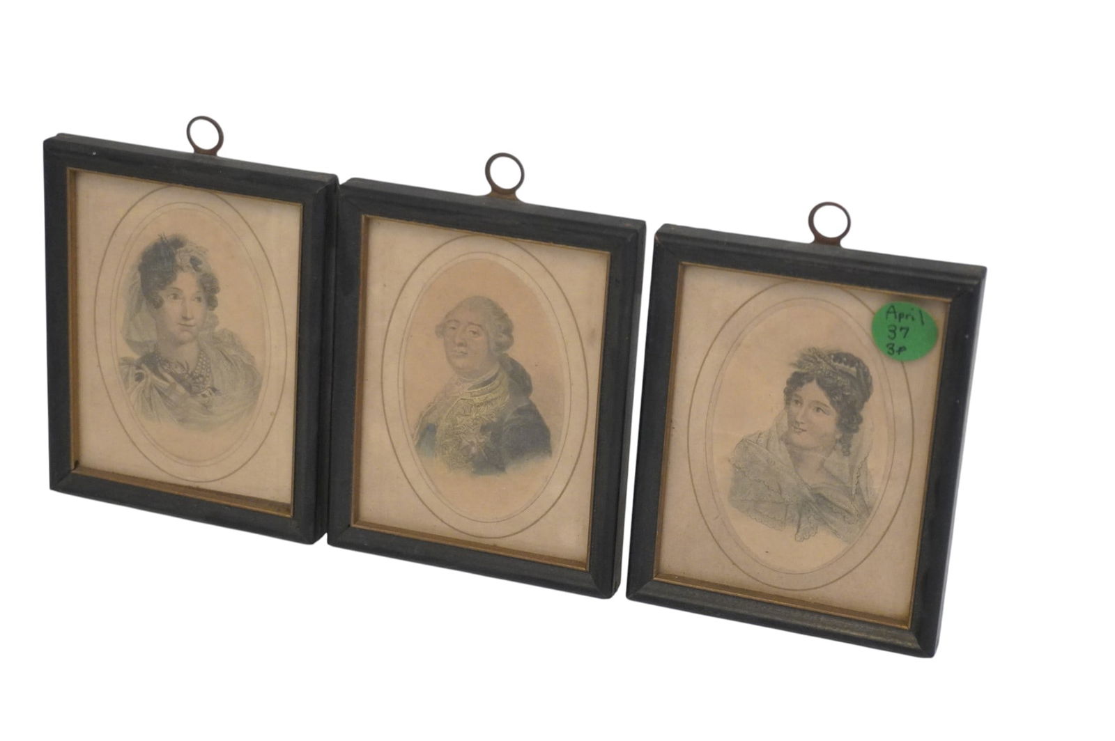3 ANTIQUE FRENCH HAND COLORED MINIATURE PORTRAIT PRINTS FRAMED: 3 Antique Hand Colored Miniature French Prints. Louis XVI, and two unknown. Framed each 4 3/4"x3 3/4". Weight combined PROVENANCE:The Historic 1798 John Burckmeyer House, 120 Wentworth Street,