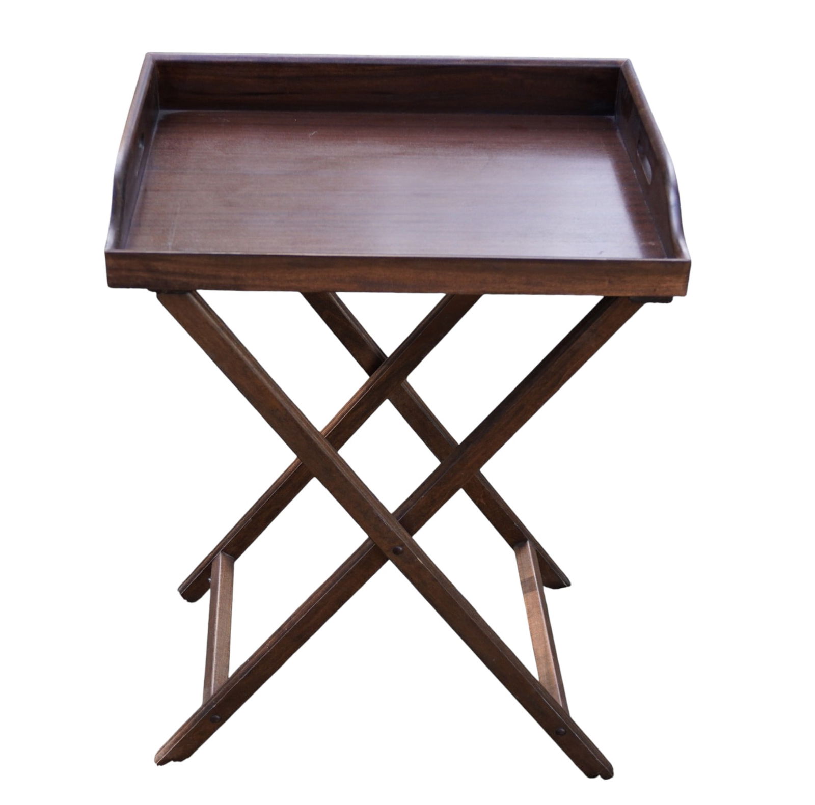 VINTAGE WOOD BUTLERS TRAY TABLE ON STAND: Vintage Wood Butlers Tray Table featuring removable tray top on folding x-frame stand. Measures 24 1/2"x18"x34 1/2",