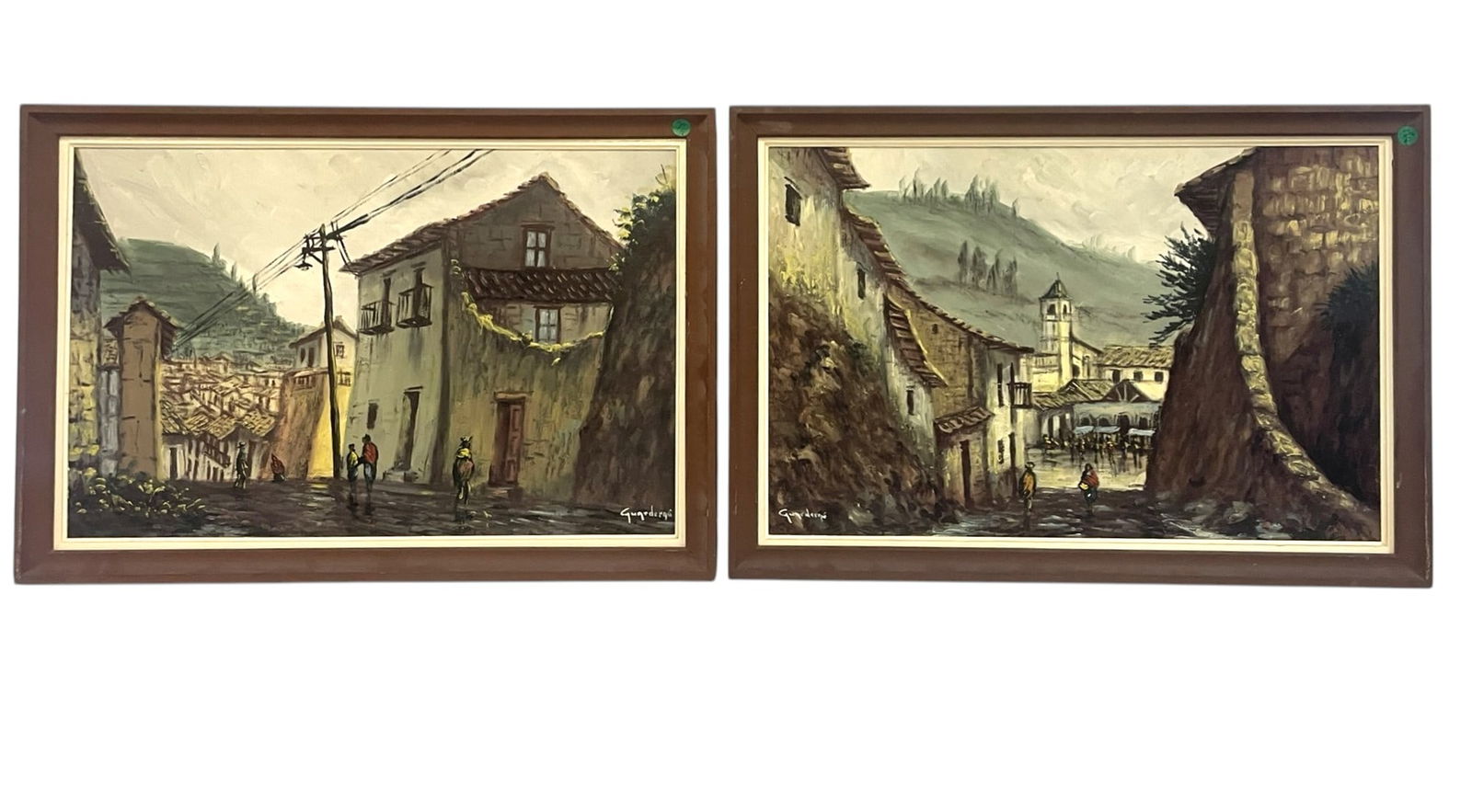 2 PEDRO GUARDERAS (Ecuadorian 20th Century) OIL PAINTINGS: 2 Pedro Guarderas Mid Century (ecuadorian, 20th c) Oil on Board. Andes Village. Signed. In wood frames. Each 28"x19 1/4"x1". Weight combined 8 lbs