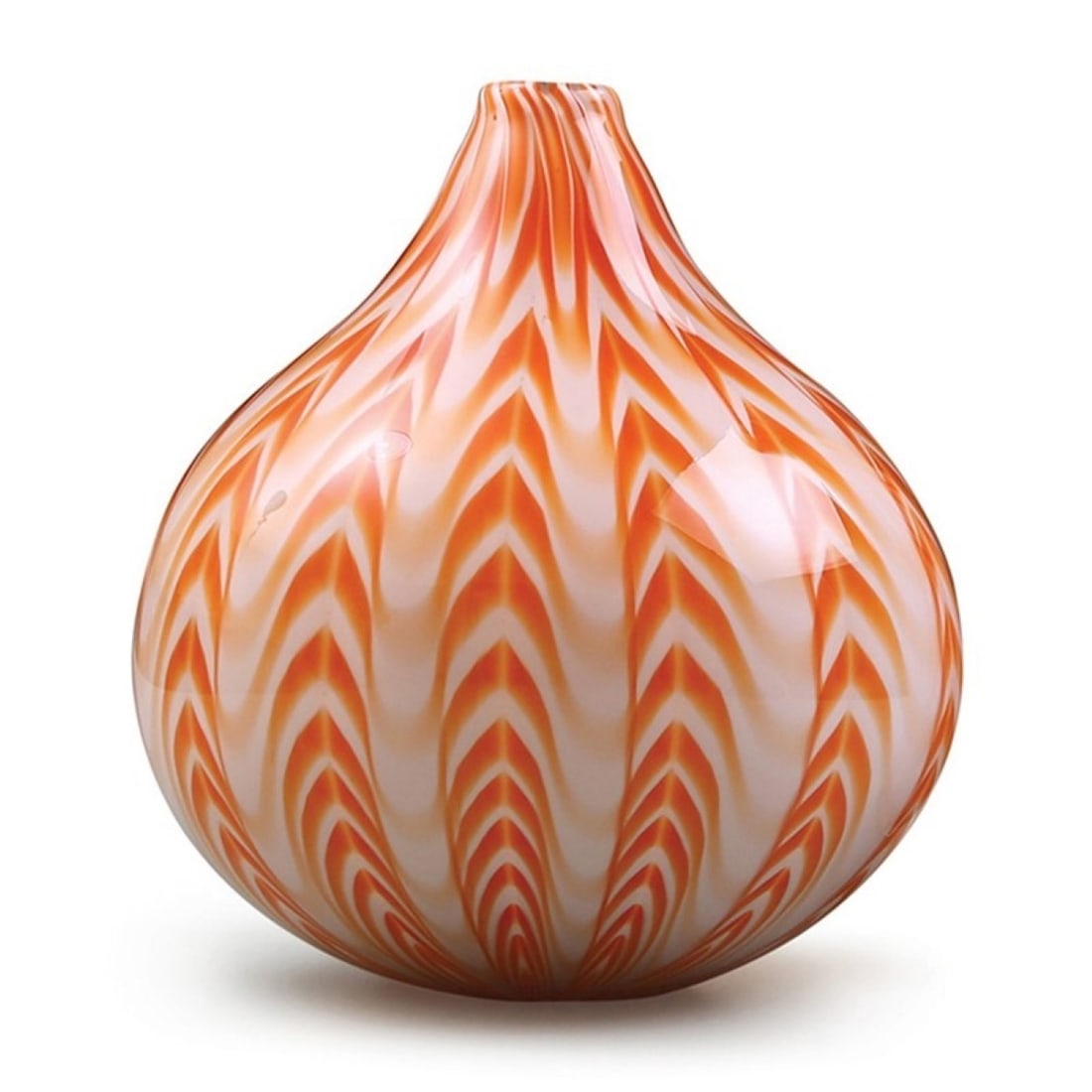 DYNASTY GALLERY ART GLASS CHEVRON TEARDROP VASE: Dynasty Gallery Art Glass Chevron Teardrop Vase in Tangerine. 7 1/4"x7 1/4"x10". Weight 8 lbs 8 oz.