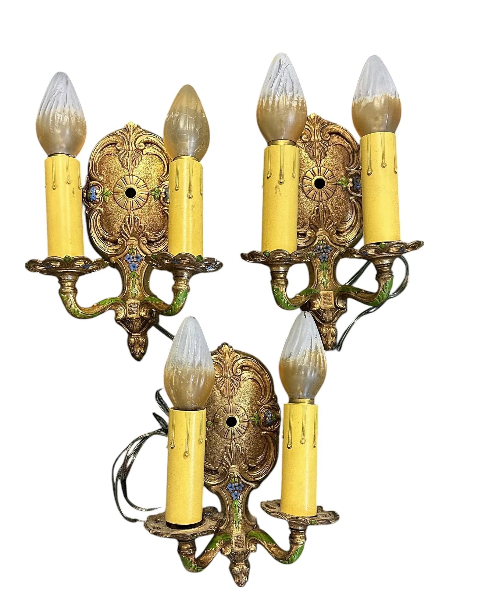 3 ART DECO DOUBLE CANDLE WALL SCONCES: 3 Art Deco Double Candle Polychromed Brass Wall Sconces. Signed Sol Ray on reverse. Measure 10"x8". Total Weight 9 lbs.
