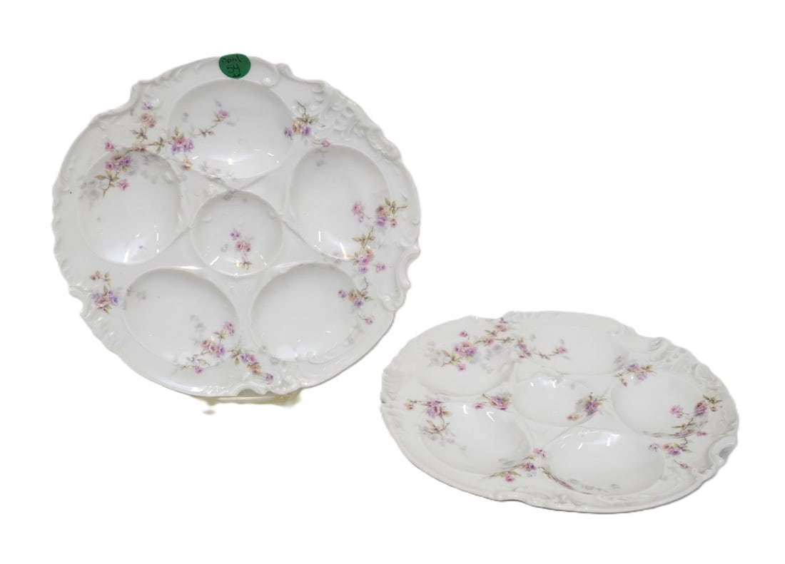 2 ANTIQUE HAVILAND LIMOGES OYSTER PLATES: Pair of Antique Theodore Haviland Limoges France Oyster Plates. Florals. Each 9 1/4"x9 1/4". Weight 2 lbs 6 oz PROVENANCE:The Historic 1798 John Burckmeyer House, 120 Wentworth Street, Charleston SC