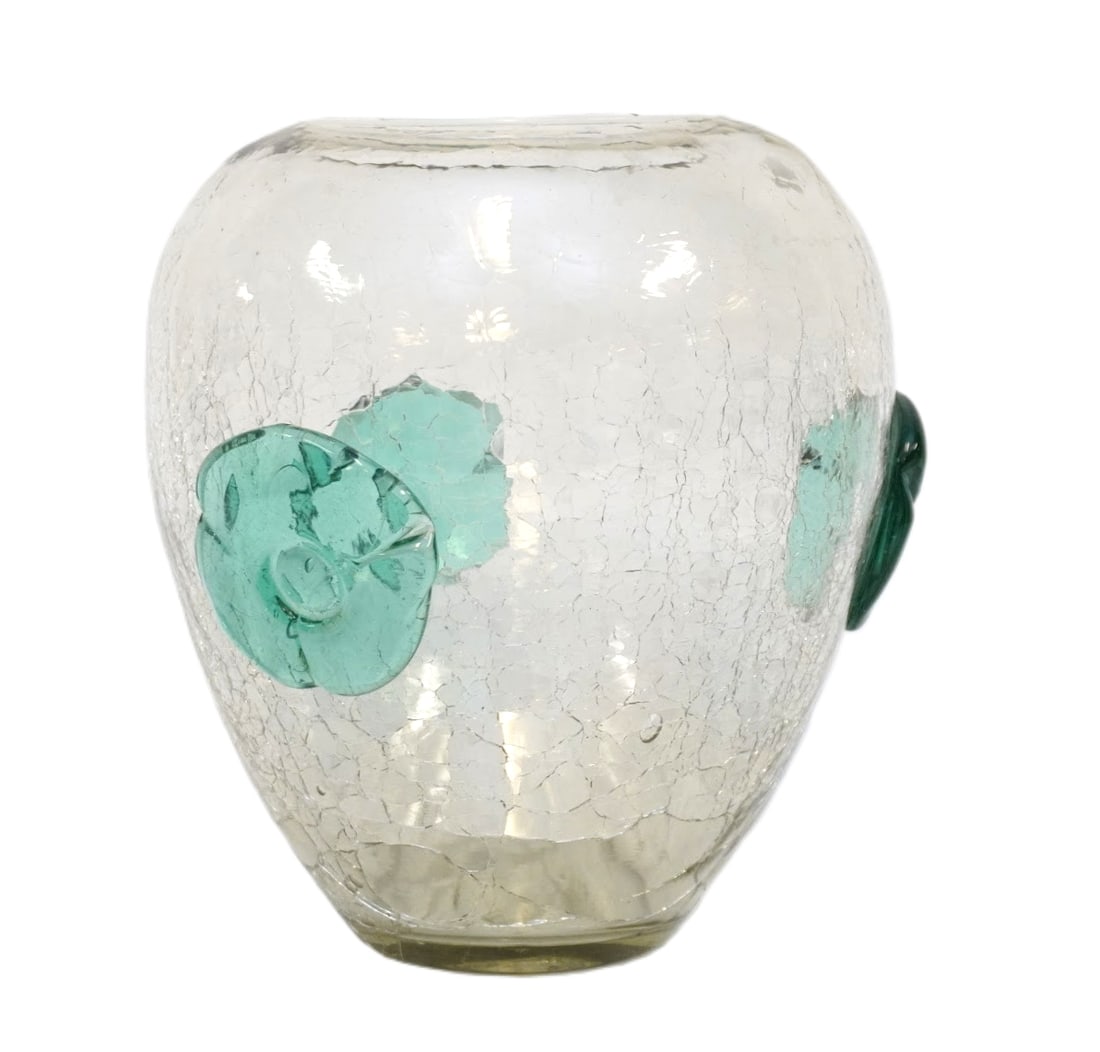 MCM BLENKO CRACKLE GLASS VASE: Mid Century Blenko Crackle Glass Vase with applied Floral Medallions. Measures 7"x7"x8 3/4". Weight 4 lbs **In house shipping available on this lot** If you win this lot, please select self arranged