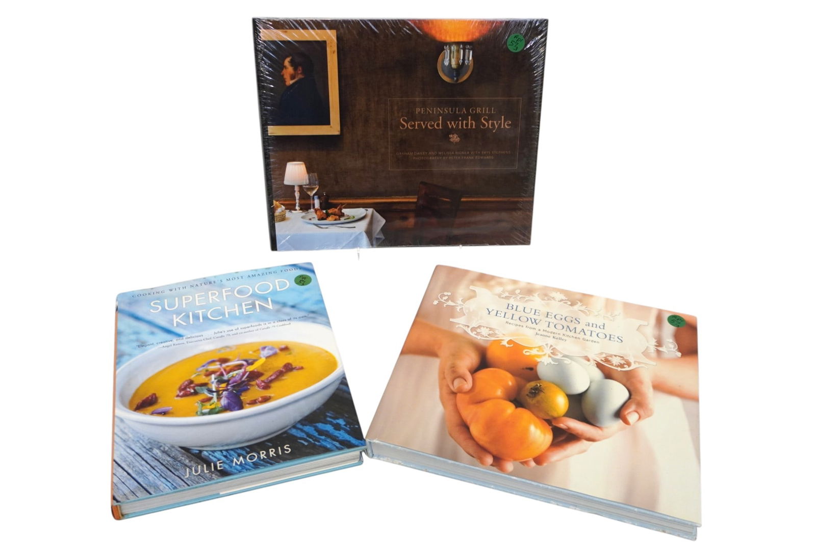 3 ILLUSTRATED COOKBOOKS INCL PENINSULA GRILL: 3 Illustrated Cookbooks including The Peninsula Grill (still wrapped, new) 12 1/2"x10 1/4".. Blue Eggs and Yellow Tomatoes 11 1/2"x10" and Superfood Kitchen 10x8 1/2" Weight on all 10 lbs 10 oz **In