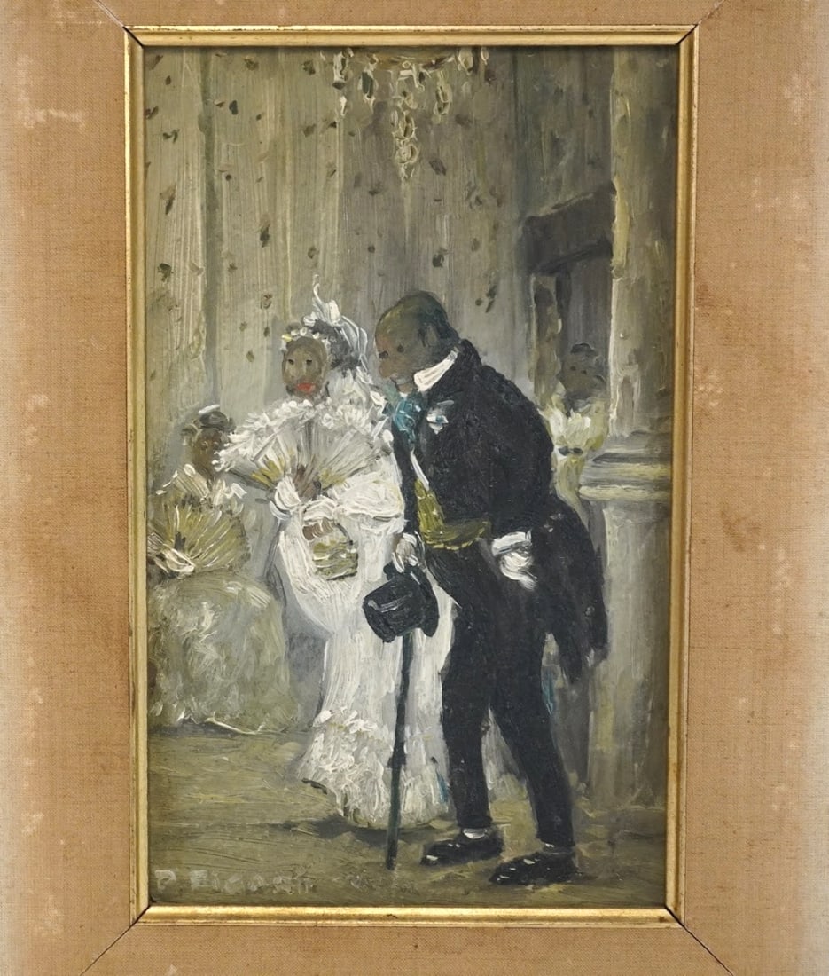 URUGUAYAN WEDDING OIL PAINTING PEDRO FIGARI: A vintage Uruguayan oil painting on canvas signed P. Figari. The painting depicts a wedding scene between a man in a tuxedo and a woman in a fluffy white dress with a fan and veil. Signed lower left.