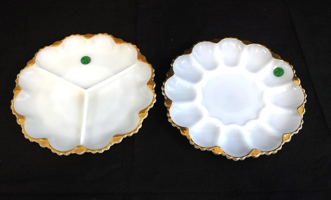 2 VINTAGE ANCHOR HOCKING MILK GLASS GOLD TRIM EGG PLATES: Vintage Anchor Hocking Milk Glass Gold Trim Egg Plates. Measure approx 10" in dia and weighs 3 lbs 6 oz. **In house shipping available on this lot** If you win this lot, please select self arranged fo