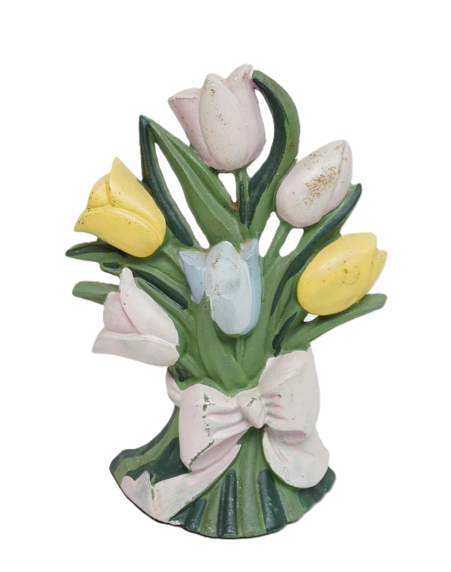 VINTAGE CAST IRON TULIP BOUQUET DOORSTOP: Vintage Cast Iron Tulip Bouquet Doorstop. Measures 7"x3"x10". Weight 4 lbs **In house shipping available on this lot** If you win this lot, please select self arranged for in house shipping when