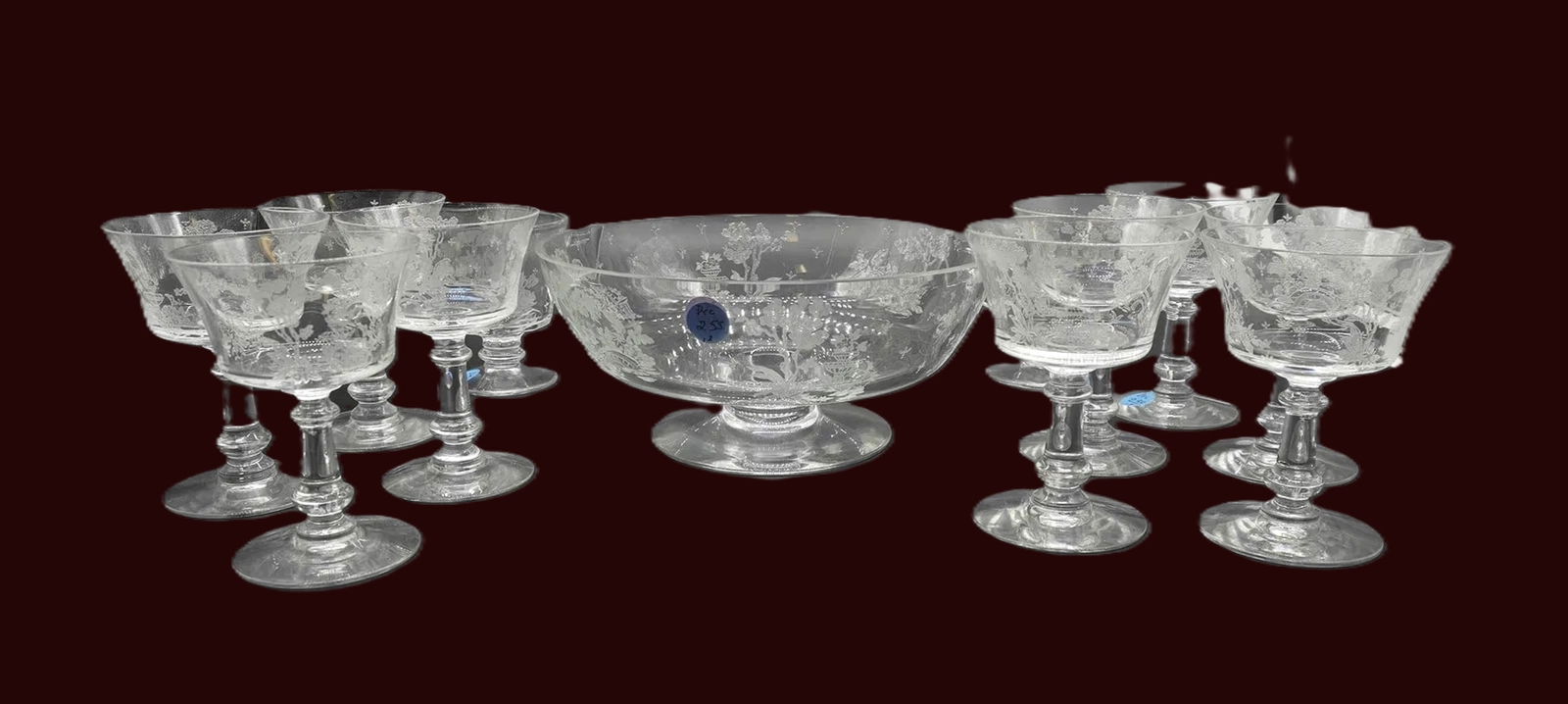 13 pc FOSTORIA ETCHED WILLOW TRIFLE BOWL & SHERBETS: 13 Piece Elegant Era Fostoria Willow Etch Glass. 10 Champagne / Tall Sherbet 4 7/8". Footed Trifle Bowl 9"x4.25". Open Sugar 3 7/8". Creamer 4 1/8". Made 1939 to 1944. Weight 9 lbs. **In house