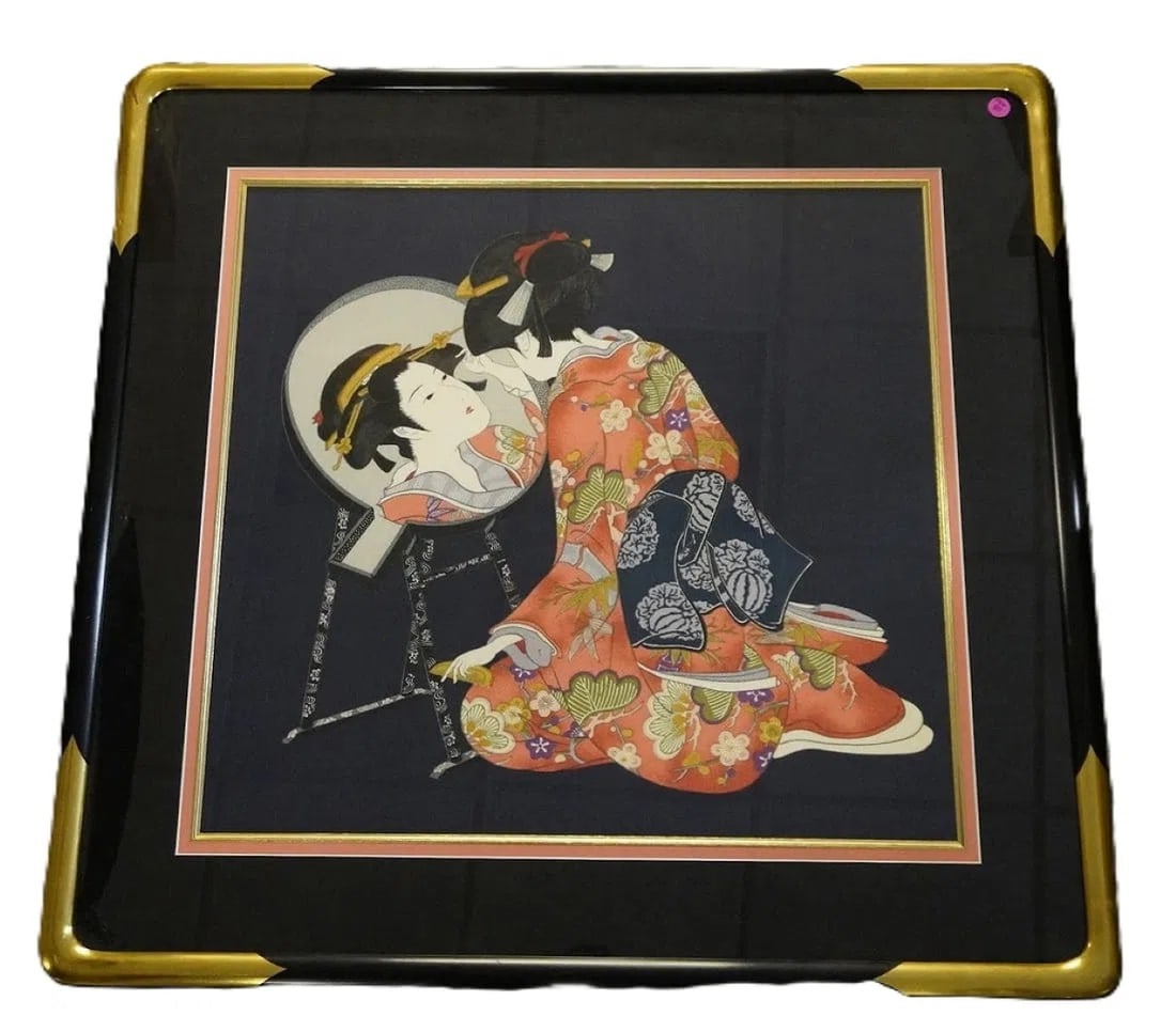 JAPANESE UKIYO-E FUROSHIKI MIRROR BEAUTY: Vintage Ukiyo-e Furoshiki (wrapping cloth) Mirror Beauty in Black Lacquered and Gilt Art Deco Asian Frame. Measures 32"x32"x1". Weight 14 lbs **In house shipping available on this lot** If you win