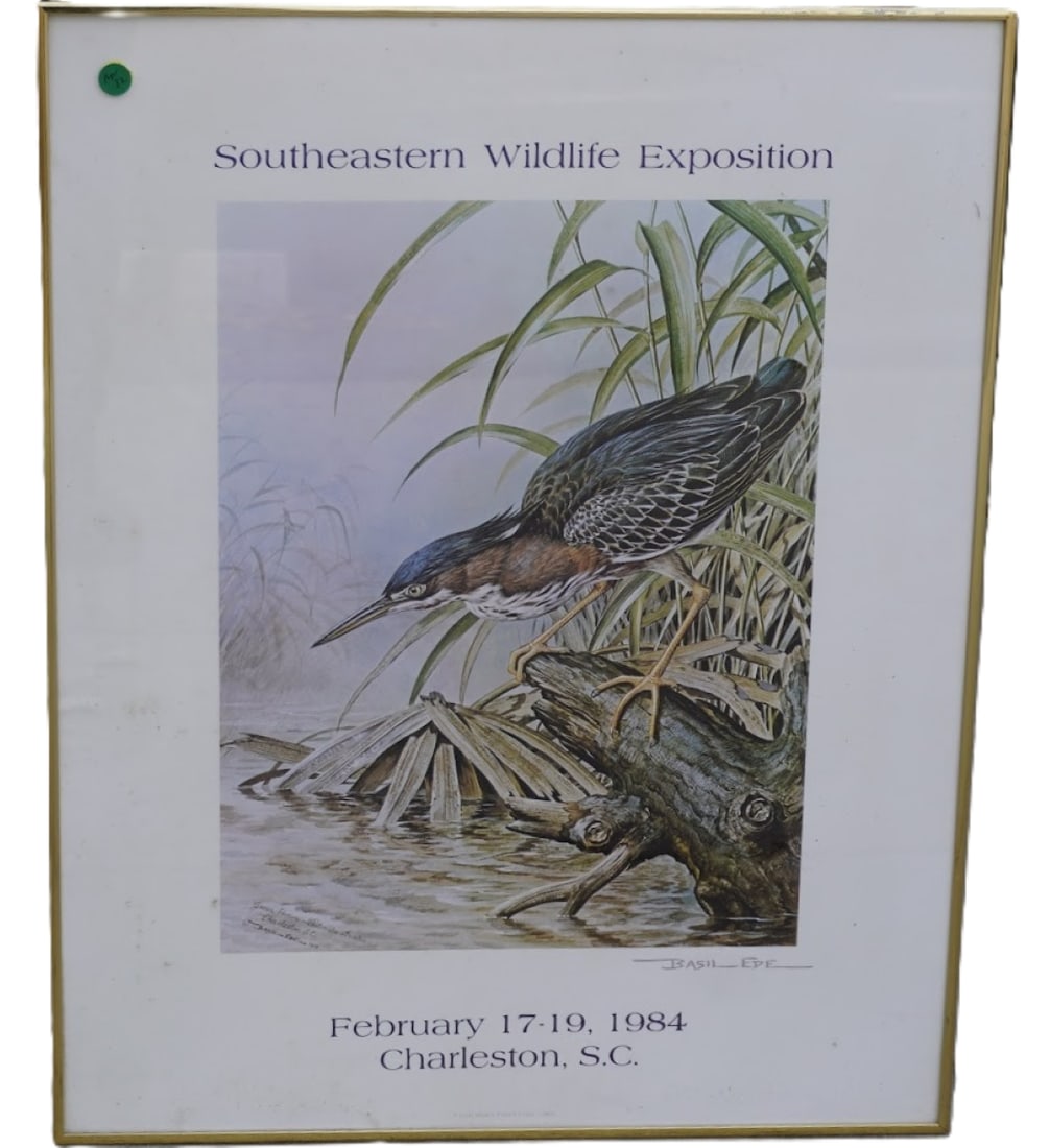 1984 SOUTHEASTERN WILDLIFE EXPO FRAMED BASIL EDE: Basil Ede Southeastern Wildlife Expo Poster 1984. Framed. Measures 22"x28 1/2"x1". Weight 6 LBS **In house shipping available on this lot** If you win this lot, please select self arranged for in
