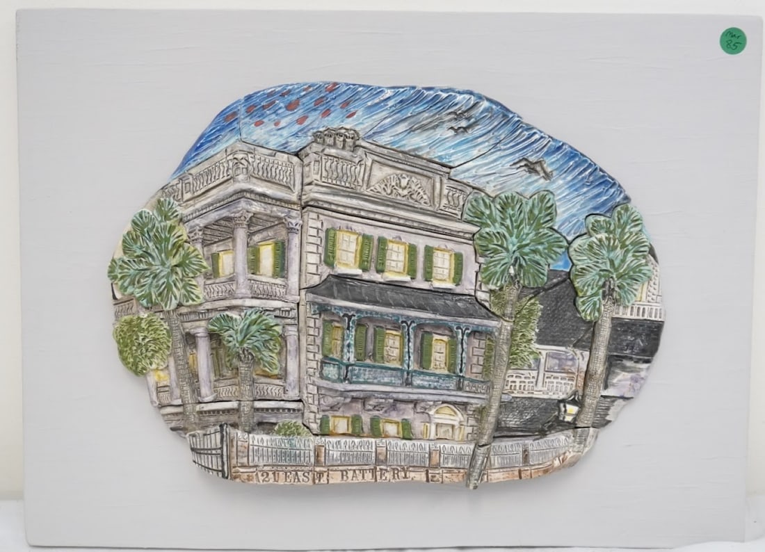 JOHN AARON SCULPTURE 21 EAST BATTERY CHARLESTON: John Aaron Original Sculpted Glazed Porcelain Relief Wall Plaque of the Edmondston - Alston House at 21 East Battery, Charleston SC. Mounted to board measures 21"x15"x2". Weight 11 lbs **In house