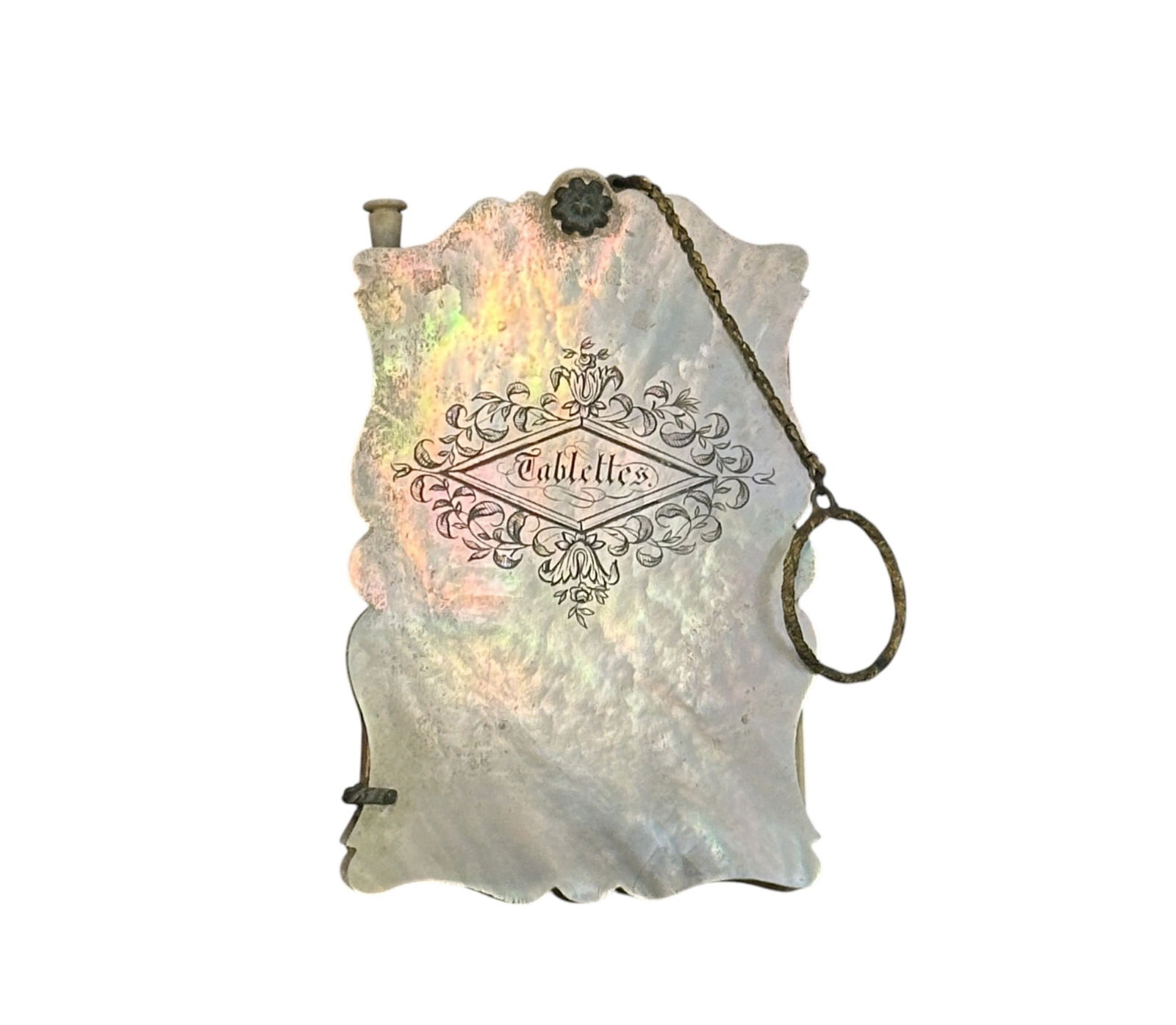 ANTIQUE FRENCH PALAIS ROYAL MOP CARNET DE BAL: Antique French Mother of Pearl Palais Royal Carnet de Bal (Dance Card Case) with pencil. With notations of shopping 3 1/4"x2". Weight 2 oz. PROVENANCE:The Historic 1798 John Burckmeyer House, 120