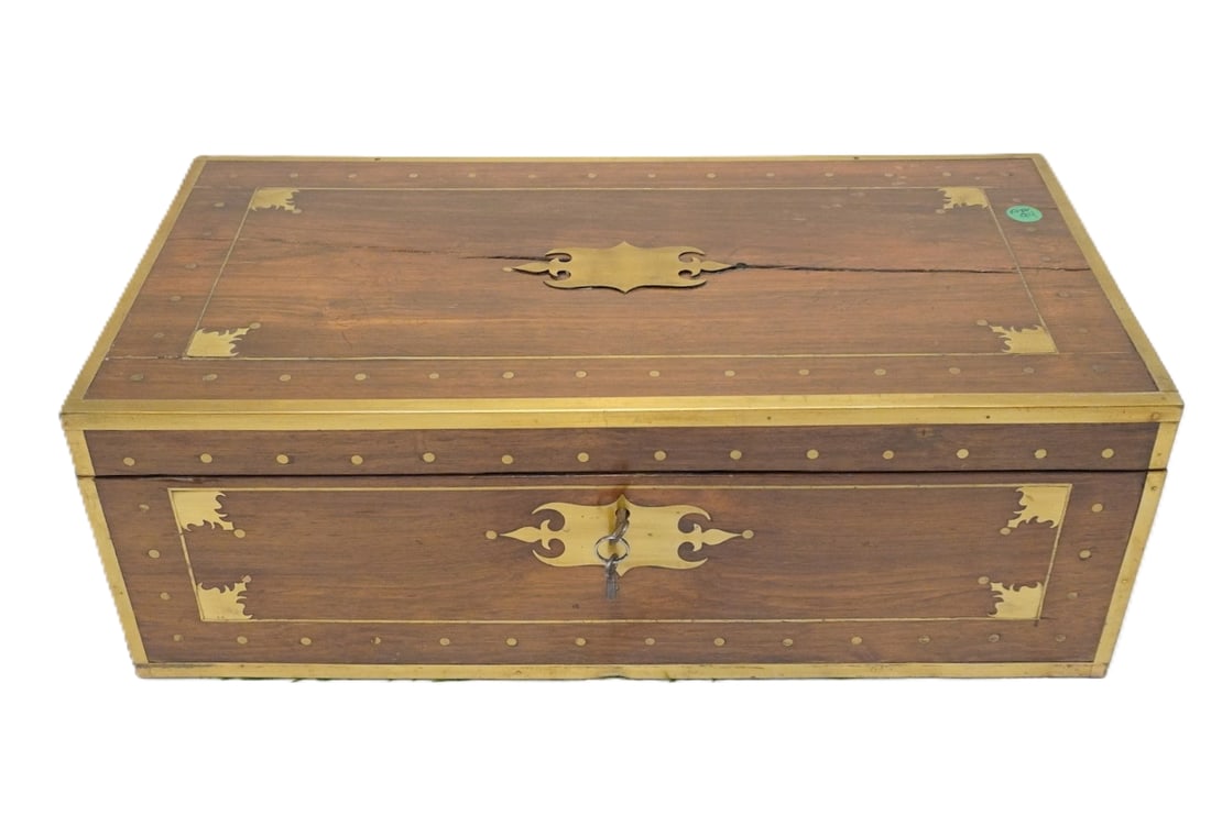 19th c ENGLISH ROSEWOOD CAPTAIN'S WRITING SLOPE: 19th c English Rosewood Captain's Writing Slope with fitted interior and Brass Inlay. Lock with key. Split to top. Ref: Furniture Treasury : Vols. I & II by Wallace Nutting - 1978. Measures 20"x10