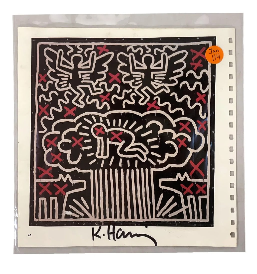 KEITH HARING SIGNED NUCLEAR BABY ILLUSTRATION TONY SHAFRAZI GALLERY: Keith Haring "Nuclear Baby" catalog illustration, bears signature. Two sided. Printed in 1982 for his exhibition at Tony Shafrazi Gallery, New York. 9" x 9". Marker signed bottom edge.Small blemish lo