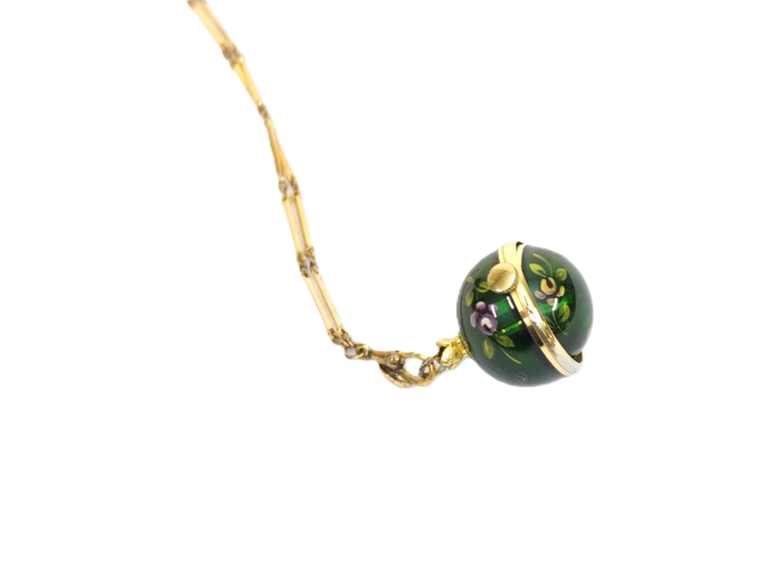 VINTAGE BUCHERER SWISS BALL PENDANT WATCH: Vintage Bucherer Ball Pendant Watch Green Enamel Floral Working Guilloche. Watch was running at time of photography. **In house shipping available on this lot** If you win this lot, please select