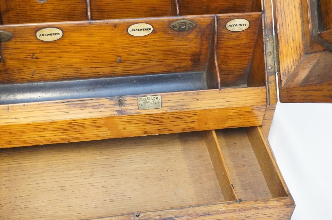 ANTIQUE 1870 FREDERICK WALLER OAK LETTER BOX - 4