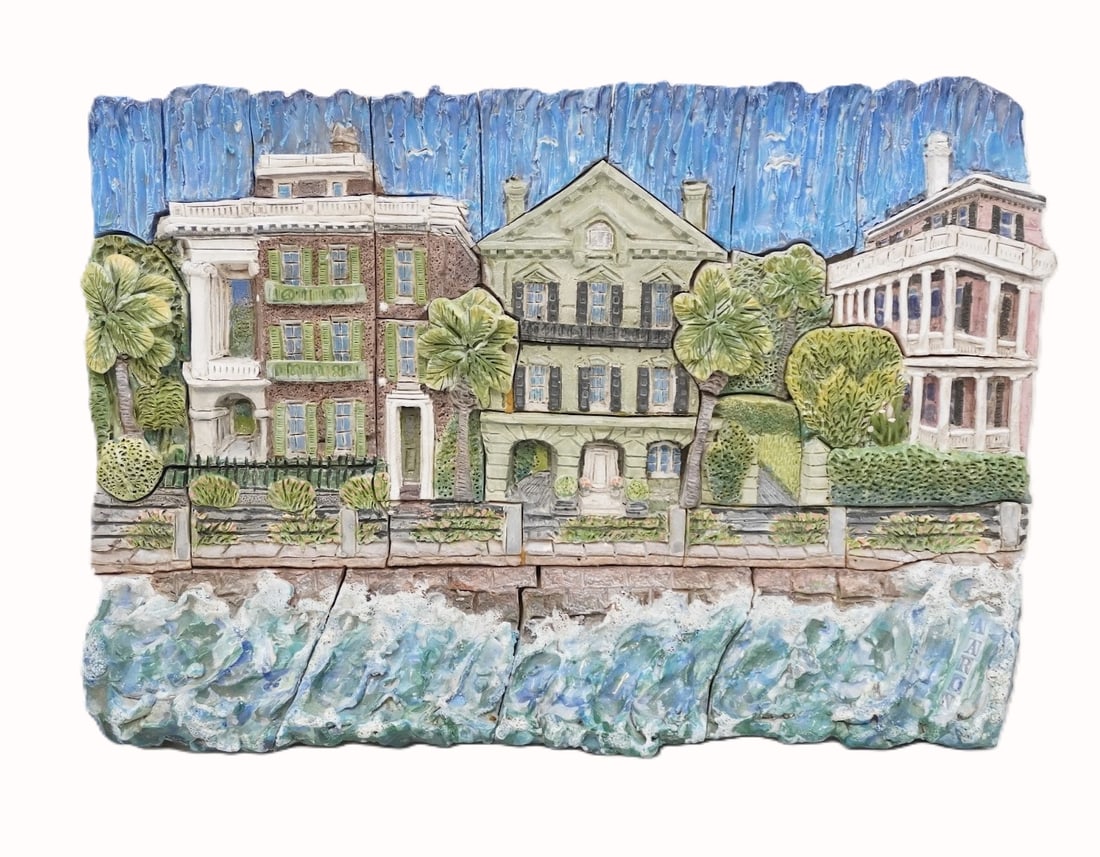 JOHN AARON SCULPTURE EAST BATTERY CHARLESTON: John Aaron Original Sculpted Glazed Porcelain Relief Wall Plaque of the homes at 9, 13 and 15 East Battery, Charleston SC. Measures 18"x13"x3". Weight 18 lbs, **In house shipping available on this