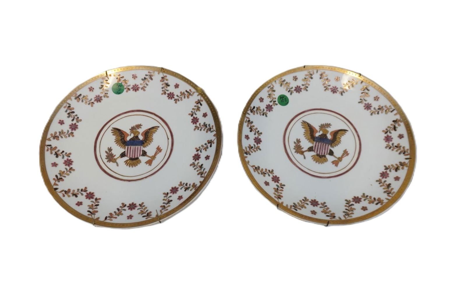 PAIR CHINESE EXPORT AMERICAN EAGLE ENAMELED PORCELAIN PLATES: Pair of Vintage Chinese Export Andrea by Sadek Enameled Porcelain with Gilt Accents Plates with the Great Seal of the United States. Each 10 1/4"x10 1/4". Weight 3 lbs 3 oz, **In house shipping