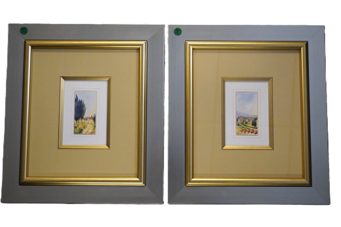 PAIR ORIGINAL TUSCANY WATERCOLORS FRAMED: A pair of Fine Original Tuscany, Italy Watercolors in stunning gallery frames. In frames Each 16 1/2"x14 1/2"x 1". Weight combined 6 lbs Provenance: A noted national interior designer **In house