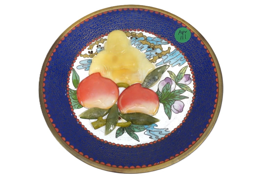 CHINESE CLOISONNE PLATE NAN YU SOUTHERN JADE: Fine Vintage.Chinese Cloisonne Enamel Plate with Carved Jade Buddha and Peaches both symbolizing longevity and immortality. Marked Nan You the symbols at top translate to Southern Jade which is also c