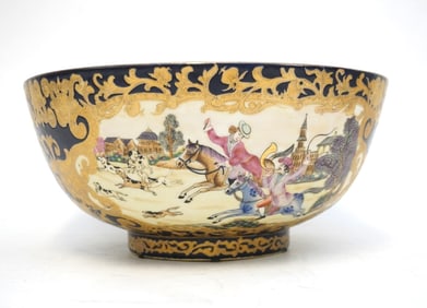 LARGE CHINESE EXPORT EUROPEAN HUNT SCENE PUNCH BOWL