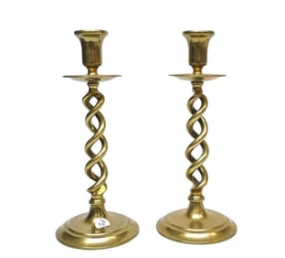 PAIR ANTIQUE ENGLISH BRASS BARLEY TWIST CANDLESTICKS
