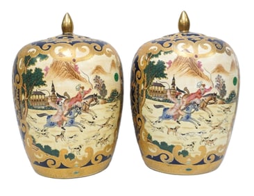 PAIR LARGE CHINESE EXPORT EUROPEAN HUNT SCENE GINGER JARS