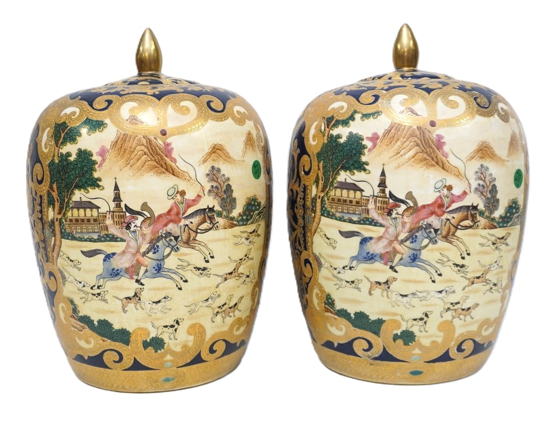 PAIR LARGE CHINESE EXPORT EUROPEAN HUNT SCENE GINGER JARS (1 of 6)