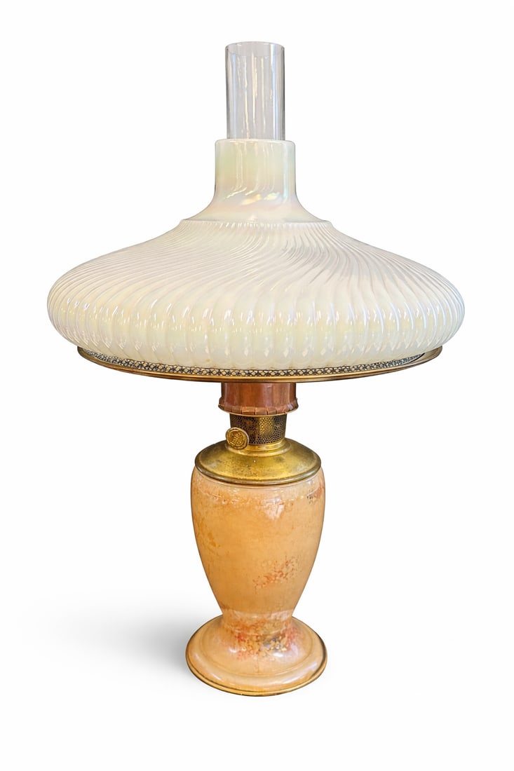 ALADDIN MODEL NO.1245 VENETIAN ART-CRAFT VASE OIL LAMP W/ RIBBED WHITE OPAL MILK GLASS SHADE (1 of 4)