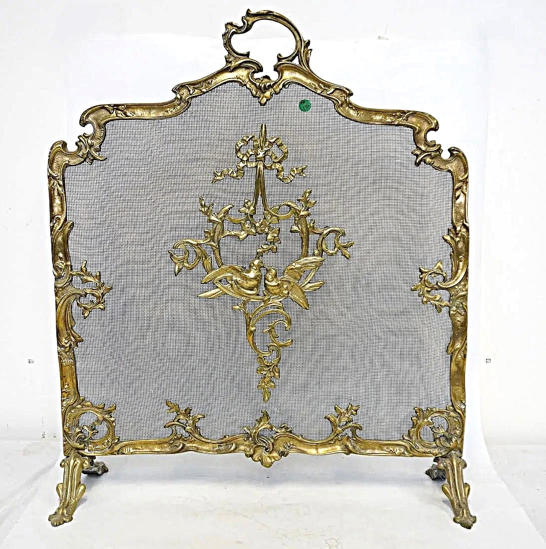 ANTIQUE FRENCH GILT BRONZE FIREPLACE SCREEN: Antique French Louis XV Style Fireplace Screen. Ribbons, Florals, Scrolls and Birds. Purchased at The Bull and The Bear Fine Investment antiques in Atlanta, GA. Measures 26" long, 9' deep and 31" tall