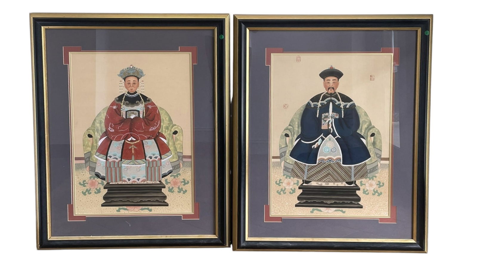 PAIR LARGE CHINESE QING DYNASTY HAND PAINTED ANCESTORS: Pair of Large Chinese Qing Dynasty Hand Painted Emperor and Empress Ancestor Paintings on Silk. With Chop Marks and Seal. Professionally framed. and matted in matching frames. Each 32 1/2"x42"x1 1/4"