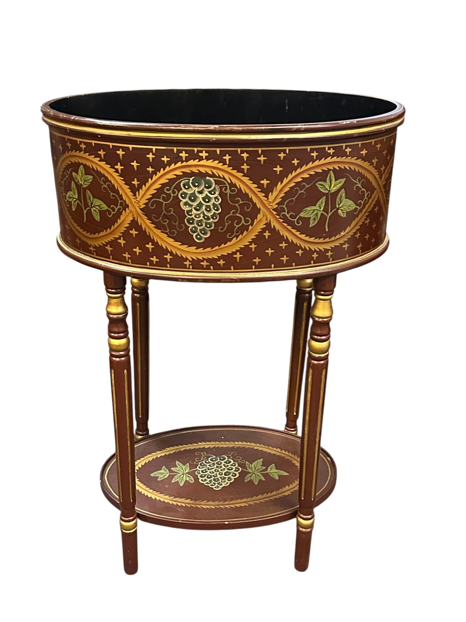 VINTAGE DECORATIVE HAND-PAINTED PLANTER STAND/ JARDINIERE: Beautiful vintage decorative planter stand featuring hand-painted grapevine and foliage designs in a warm Tuscan color palette. This elegant two-tier piece makes a stunning accent in any room and work