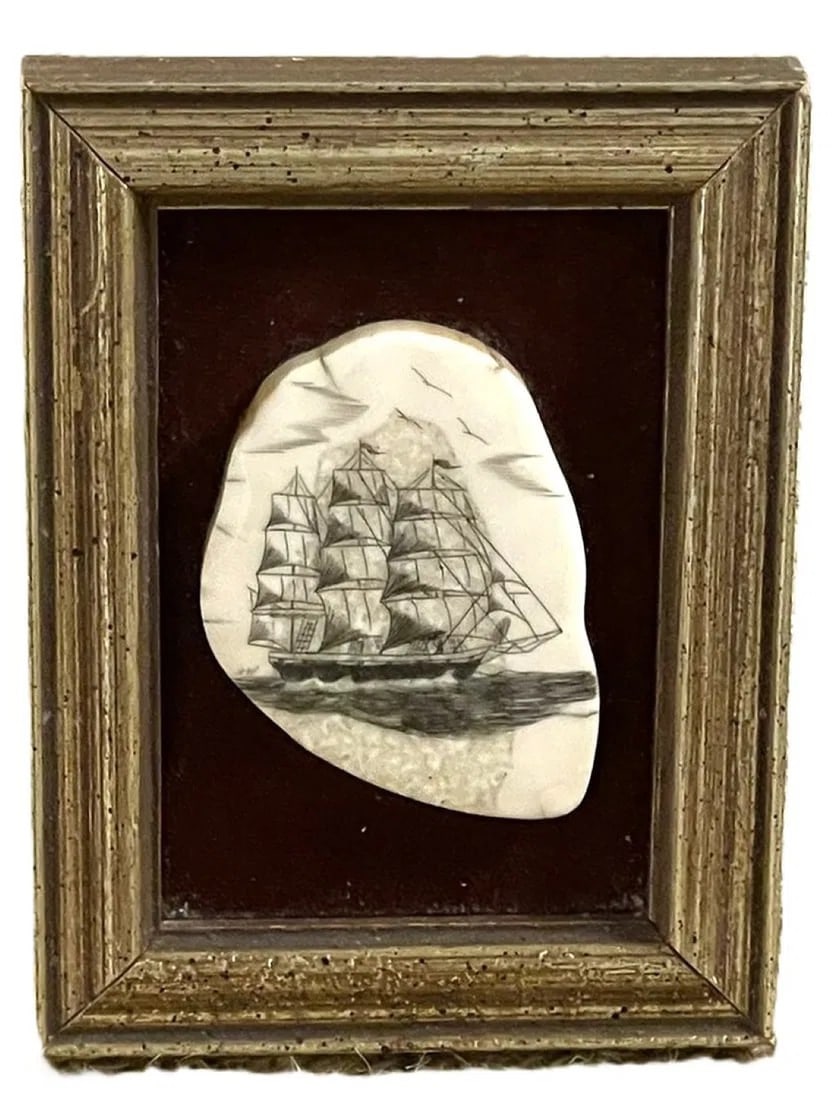 FRAMED NAUTICAL SCRIMSHAW ART: Framed Nautical Scrimshaw Art. Mounted on Velvet in easel back frame for desk.. Measures 4.25" x 3", weighs 3 oz. **In house shipping available on this lot** If you win this lot, please select self