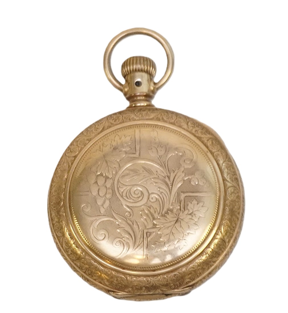 ELGIN 1891 HUNTER CASE POCKET WATCH: Elgin National Watch Co. 1891 Hunter Case Pocket Watch. Grade 96 with ornate etched 14k Gold Filled Hunter Case. Serial Number 4121209. Size 18s, 7j. Porcelain face with very this small line, hard to