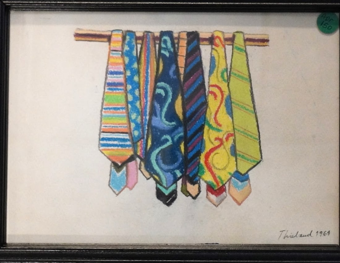 WAYNE THIEBAUD (1920-2021) ATTRIBUTED OIL PASTEL TIES: Wayne Thiebaud (USA, 1920), In the style of, Ties, 1961. Oil Pastels. Signed. In frame under glass measures 12 1/2"x9 1/2"x1". Weight 1 lb 4 oz. **In house shipping available on this lot** If you win