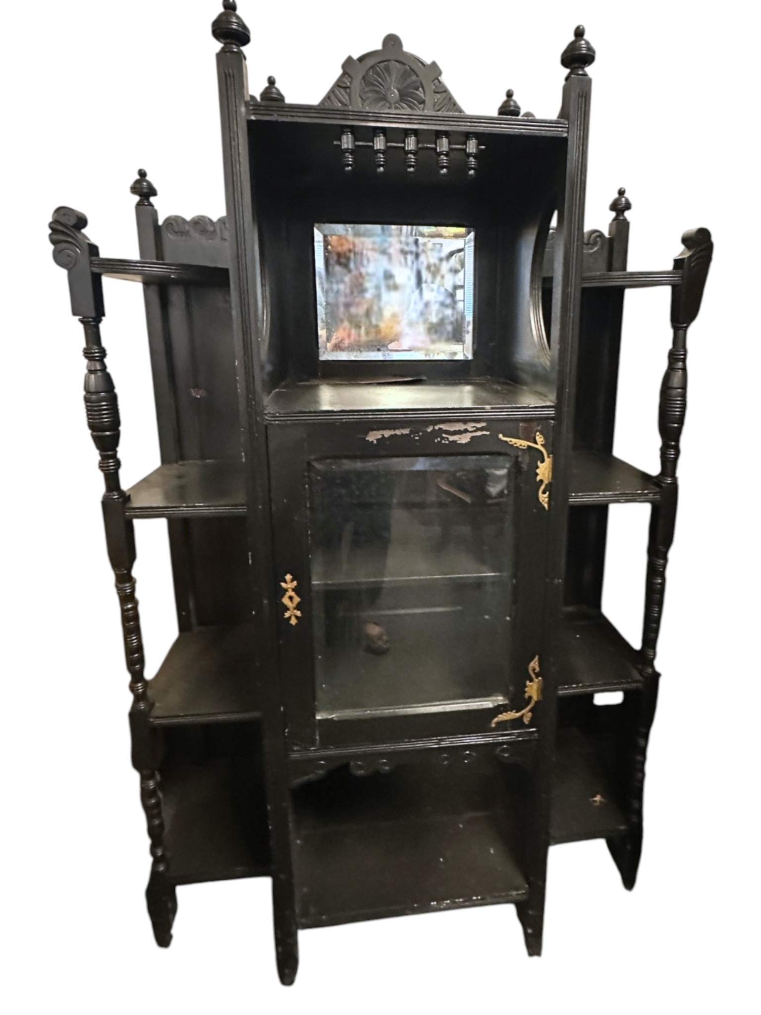 19th c AESTHETIC MOVEMENT EBONIZED ETAGERE CABINET: 19th c American Aesthetic Movement Ebonized Etagere Cabinet. With original beveled glass door and beveled mirror. Measures 62.5" x 36" x 14". PROVENANCE:The Historic 1798 John Burckmeyer House, 120
