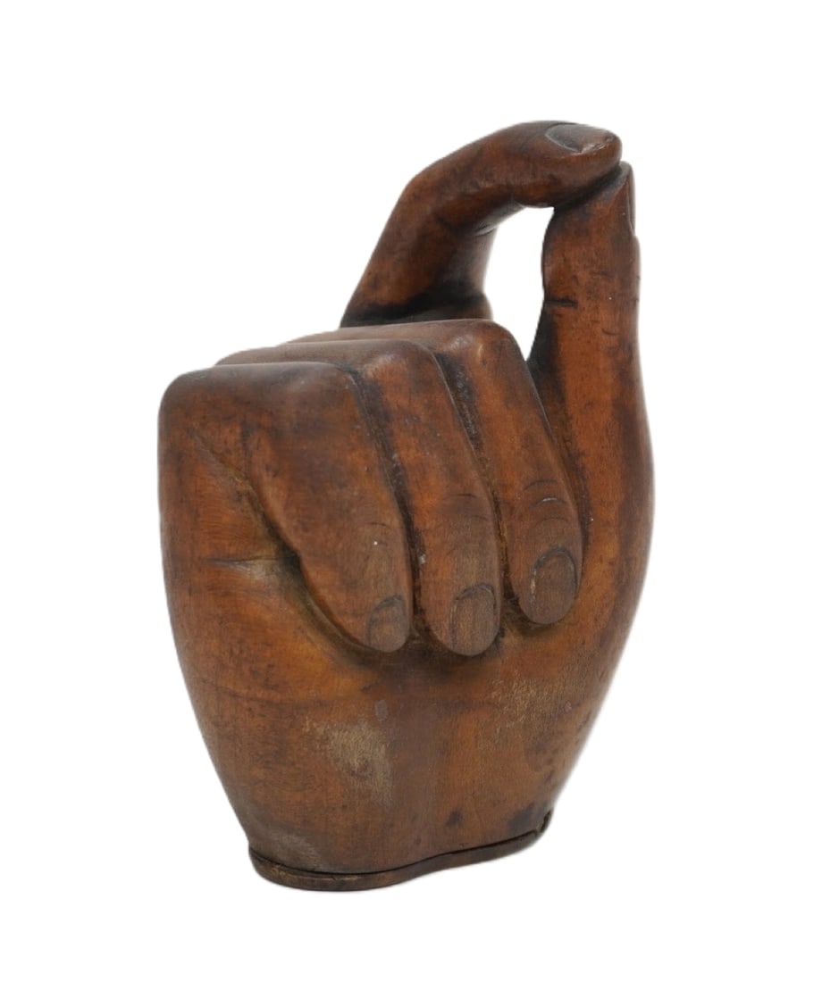 ANTIQUE TREEN "PINCH OF SNUFF" BOX c. 1830: Antique English Treen, Pinch of Snuff, Hand snuff box c.1830. Whimsical 19th century English treen fruitwood snuff box in the form of a human hand holding a pinch of snuff. Measures 2 3/4"x2 1/4"x4 1/