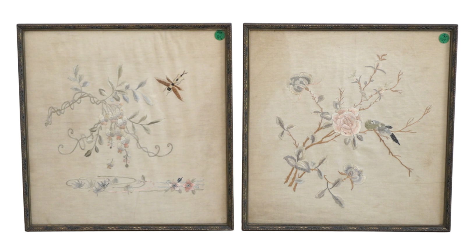 PAIR 1940S CHINOISERIE WOOL & SILK EMBROIDERY: 1940s Chinoiserie Wool & Silk Embroidery Framed Panels. 1 depicting Birds & Flowers the other with Dragonfly & Flowers. Each 16"x16"x3/4". Weight 5 lbs. PROVENANCE:The Historic 1798 John Burckmeyer Ho
