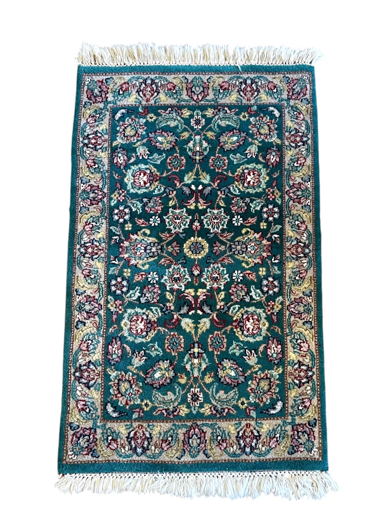SMALL GREEN HAND KNOTTED TABRIZ RUG: Green Hand Knotted Tabriz Accent Rug. Measures 39" x 24". **In house shipping available on this lot** If you win this lot, please select self arranged for in house shipping when paying**
