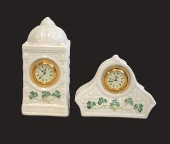PAIR OF BELLEEK IRISH PORCELAIN SHAMROCK CLOCKS