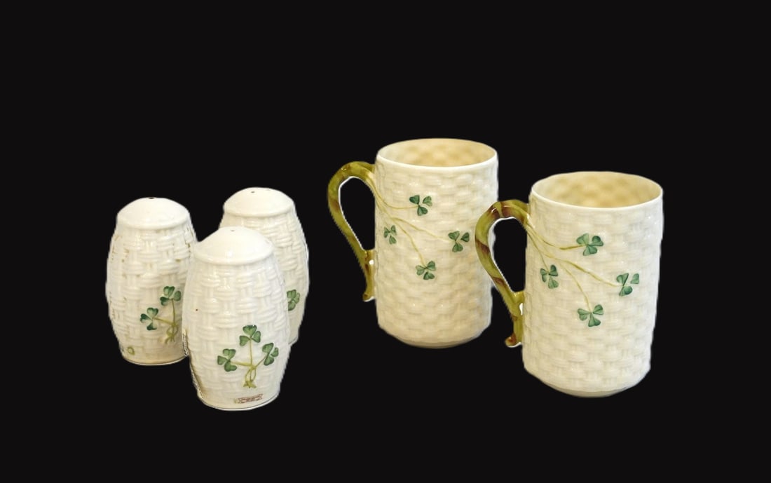 BELLEEK IRISH PORCELAIN SHAMROCK MUGS AND S&P SHAKERS (1 of 5)